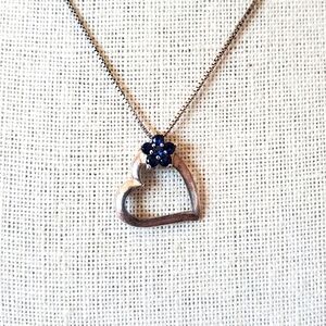 Vintage Sterling Silver Diagonal Heart Blue Glass Flower Pendant Necklace